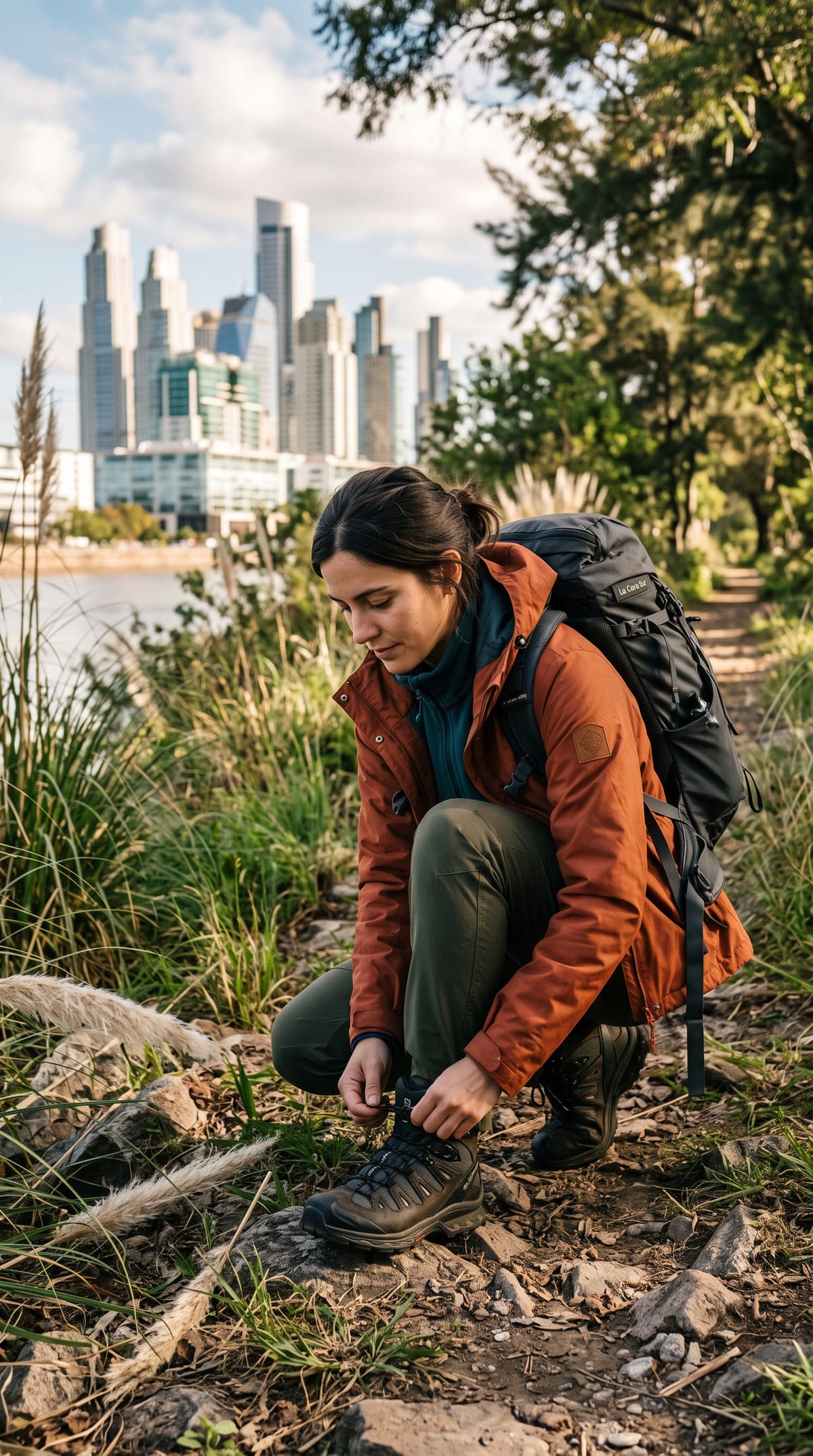 Una mujer con campera outdoor se ata las botas en un sendero de la Costanera Sur, con el skyline de Puerto Madero al fondo.