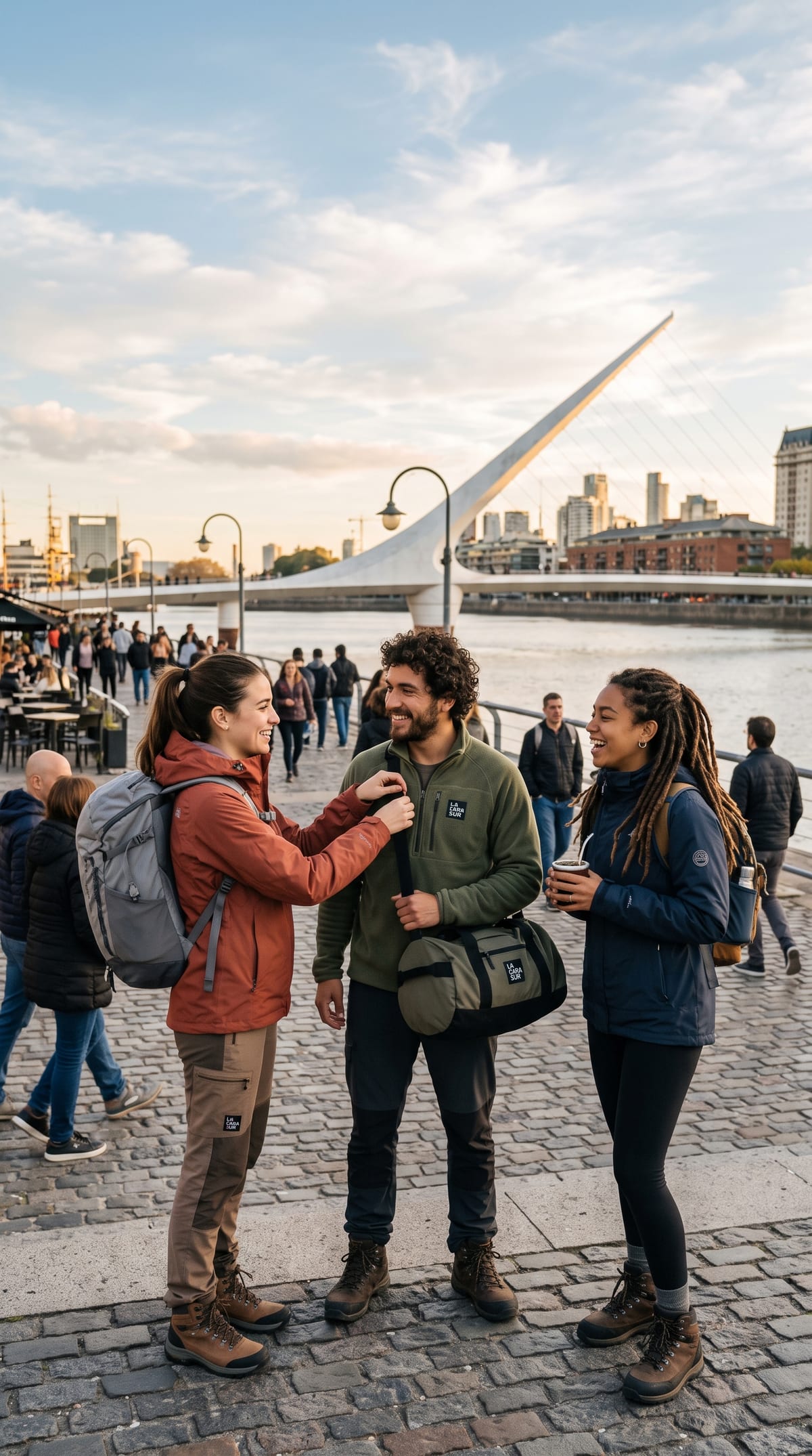 Tres amigos con camperas y mochilas outdoor conversando en Puerto Madero, con el Puente de la Mujer y el skyline de Buenos Aires al fondo.